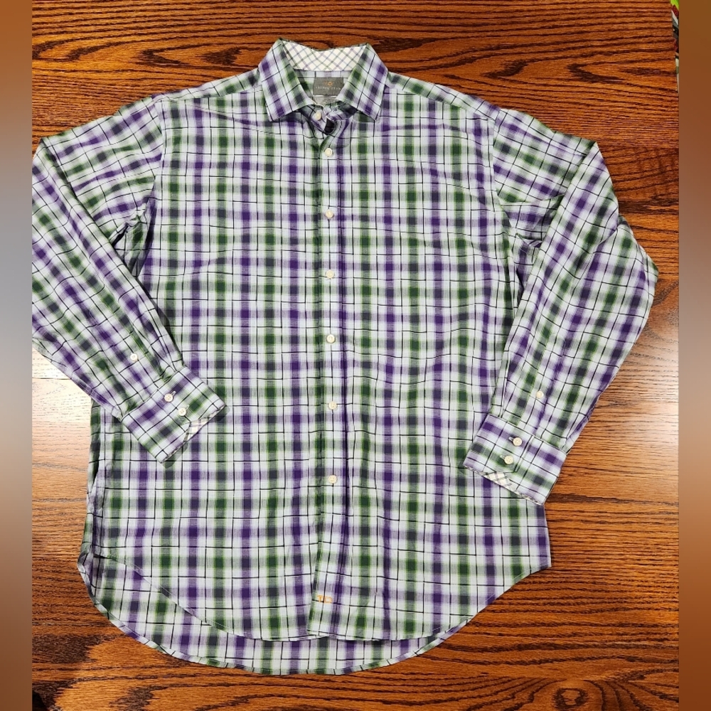 Thomas Dean~Mens~Size L~ Cotton~LS~Button Down~Green/Purple Striped Shirt